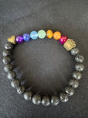 Lava Stone Beaded Bracelet with Heart, Paw Print and  Rainbow Gem Accents